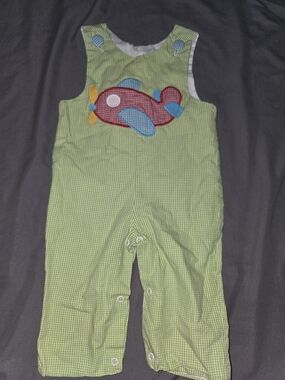 Green Gingham Airplane Applique Kids Romper
